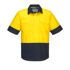 Portwest Canberra Hi-Vis Lightweight Contrast 1/2 Button Class D Shirt S/S in Yellow/Navy