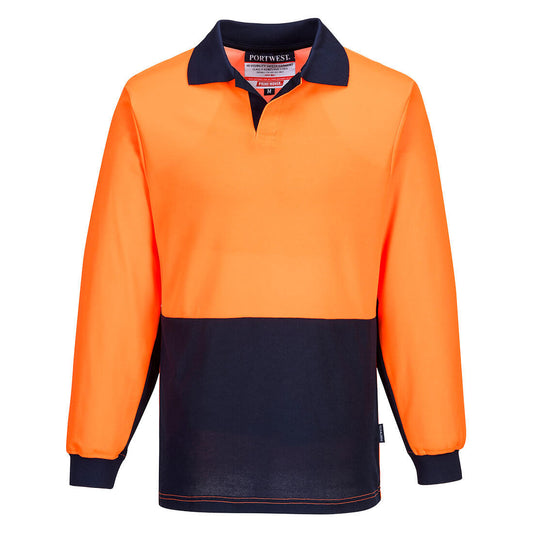 Portwest Hi-Vis Cotton Comfort Contrast Class D Polo Shirt L/S in Orange/Navy