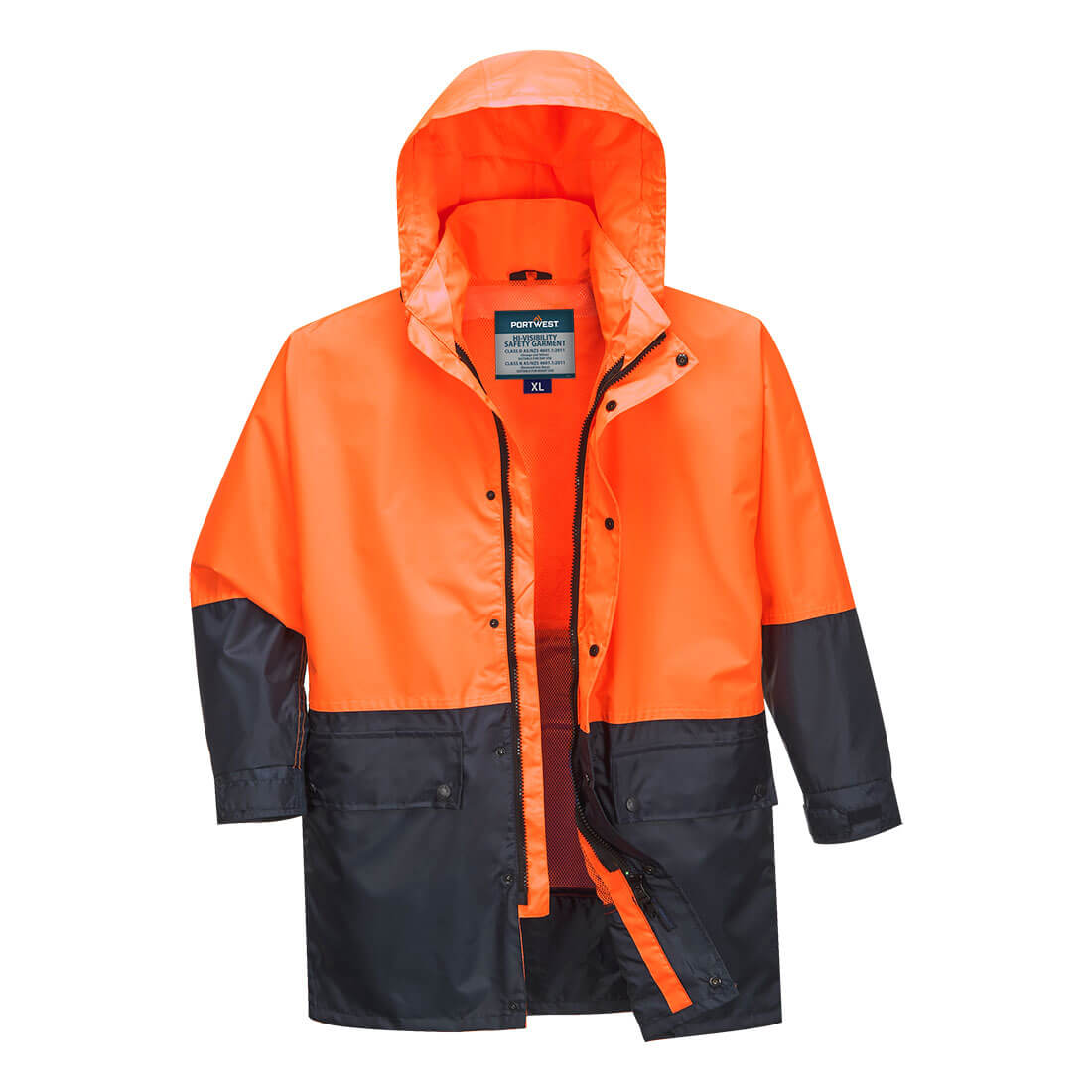 Portwest Kimberley Hi-Vis Contrast Class D Rain Traffic Jacket in Orange/Navy
