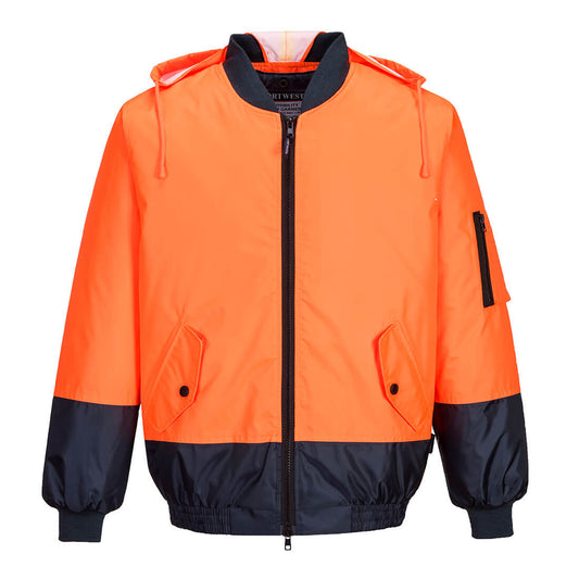 Portwest Hi-Vis Contrast Class D Bomber Jacket in Orange/Navy