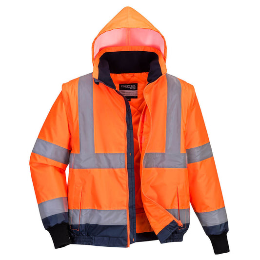 Portwest Hi-Vis 2-in-1 Contrast Essential Bomber Jacket in Orange/Navy