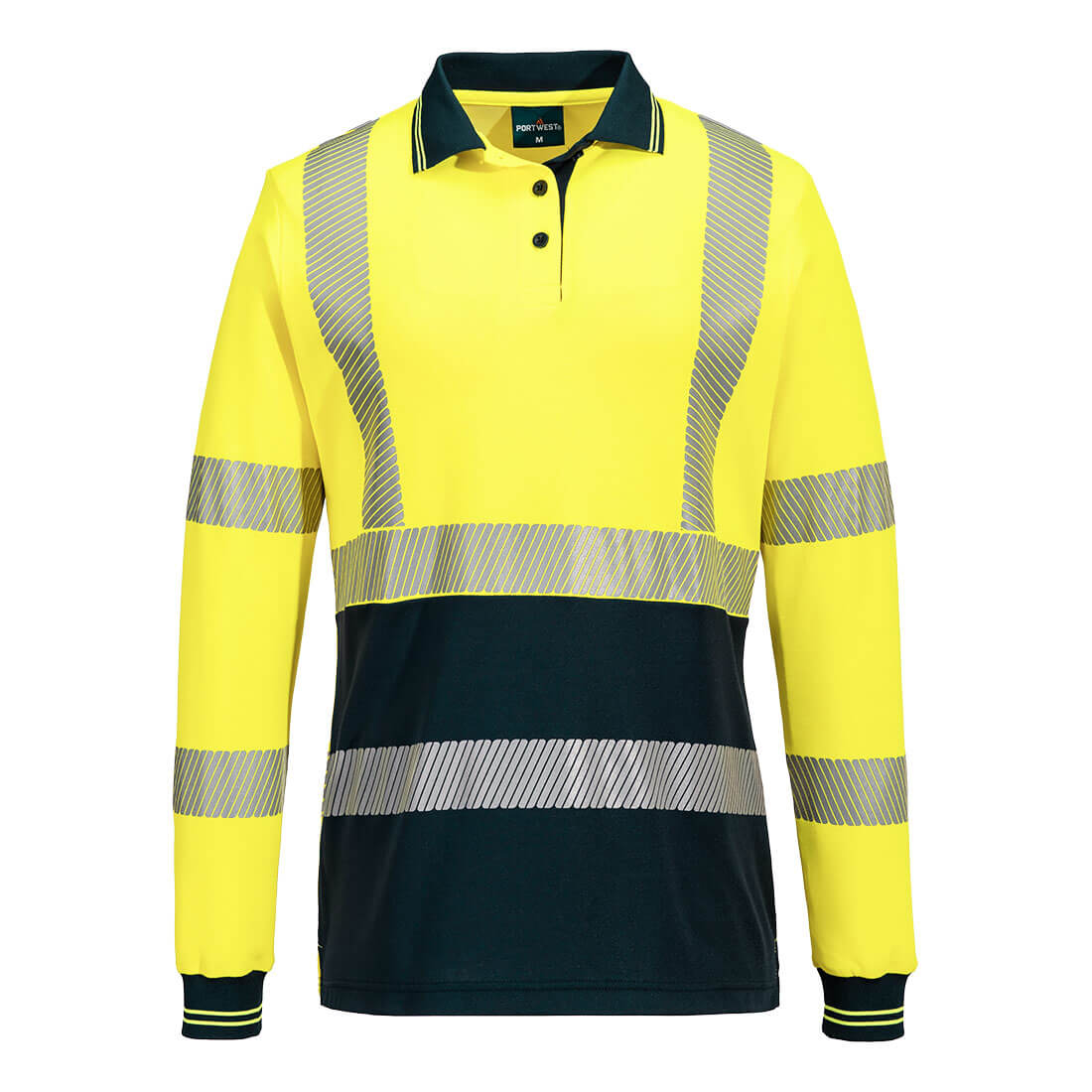 Portwest Hi-Vis Women's Cotton Comfort Polo Shirt L/S in Yellow/Navy
