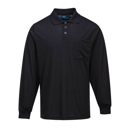 Portwest Long Sleeve Solid Colour Micro Mesh Polo in Black