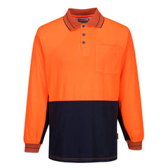 Portwest Hi-Vis Cotton Comfort Contrast Class D Polo Shirt L/S in Orange/Navy