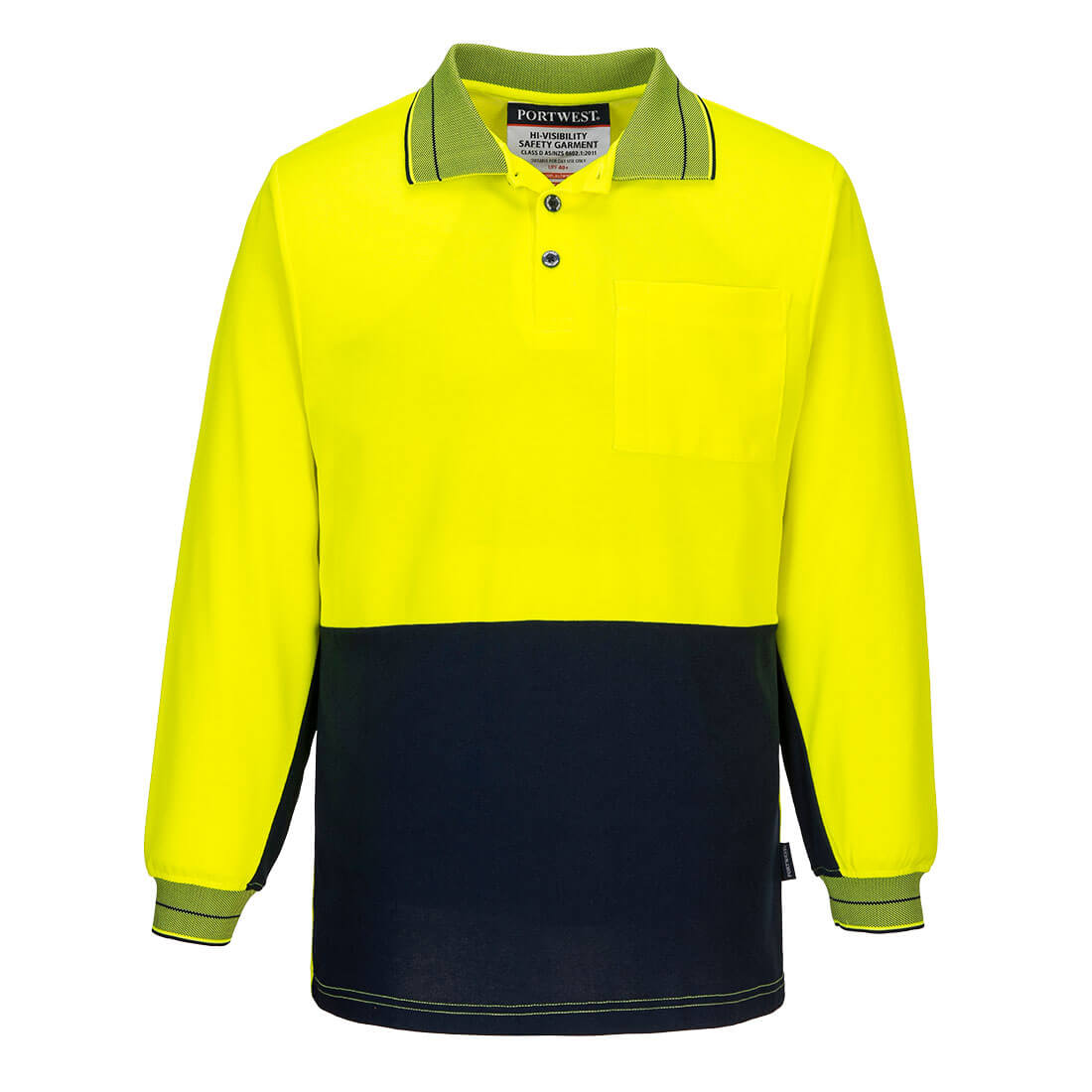 Portwest Hi-Vis Cotton Comfort Contrast Class D Polo Shirt L/S in Yellow/Navy