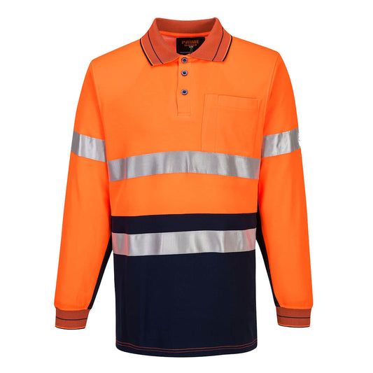 Portwest Cotton Comfort Polo Shirt with Tape L/S in Orange/Navy
