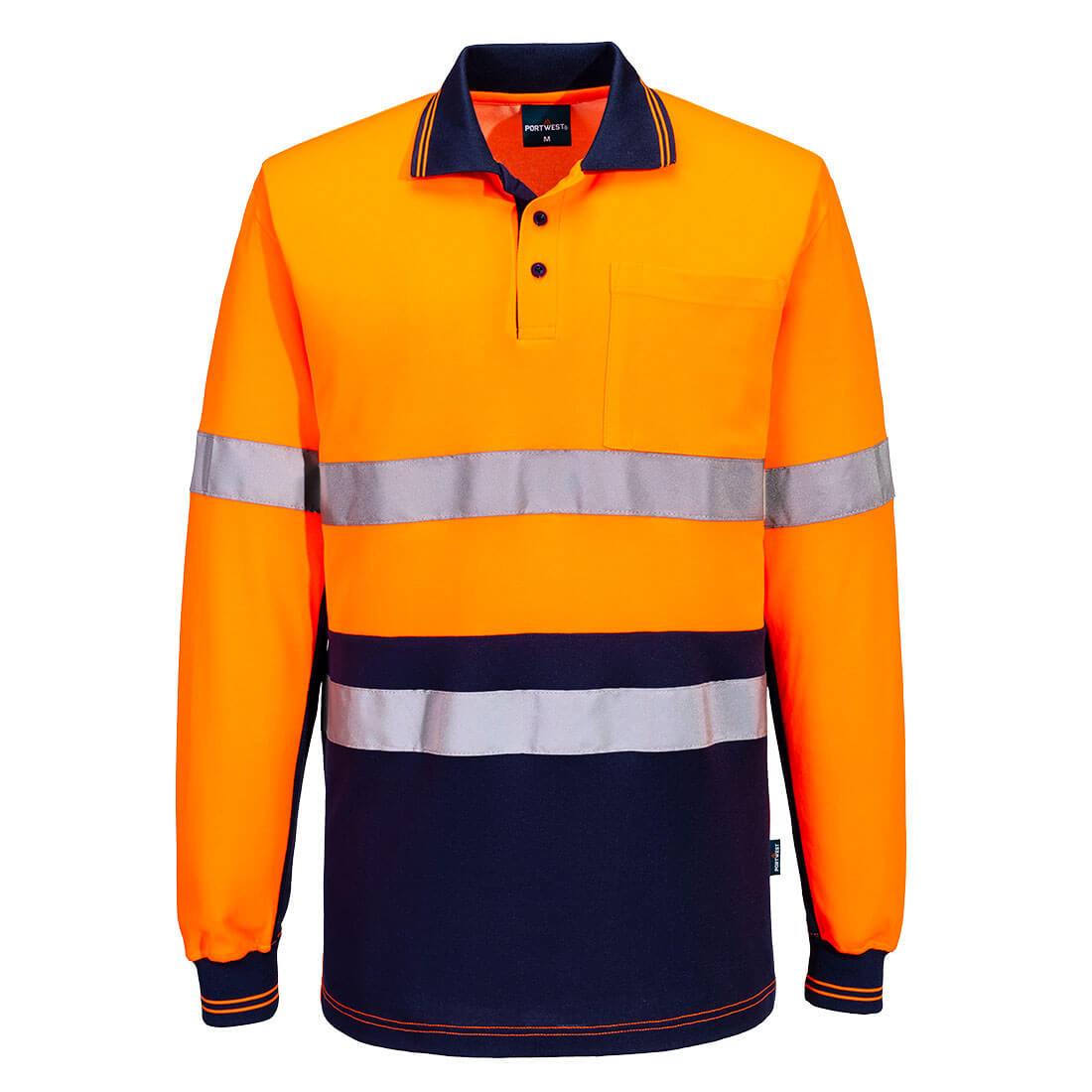Portwest Hi-Vis Class D/N Cotton Comfort  Contrast Polo Shirt L/S in Orange/Navy