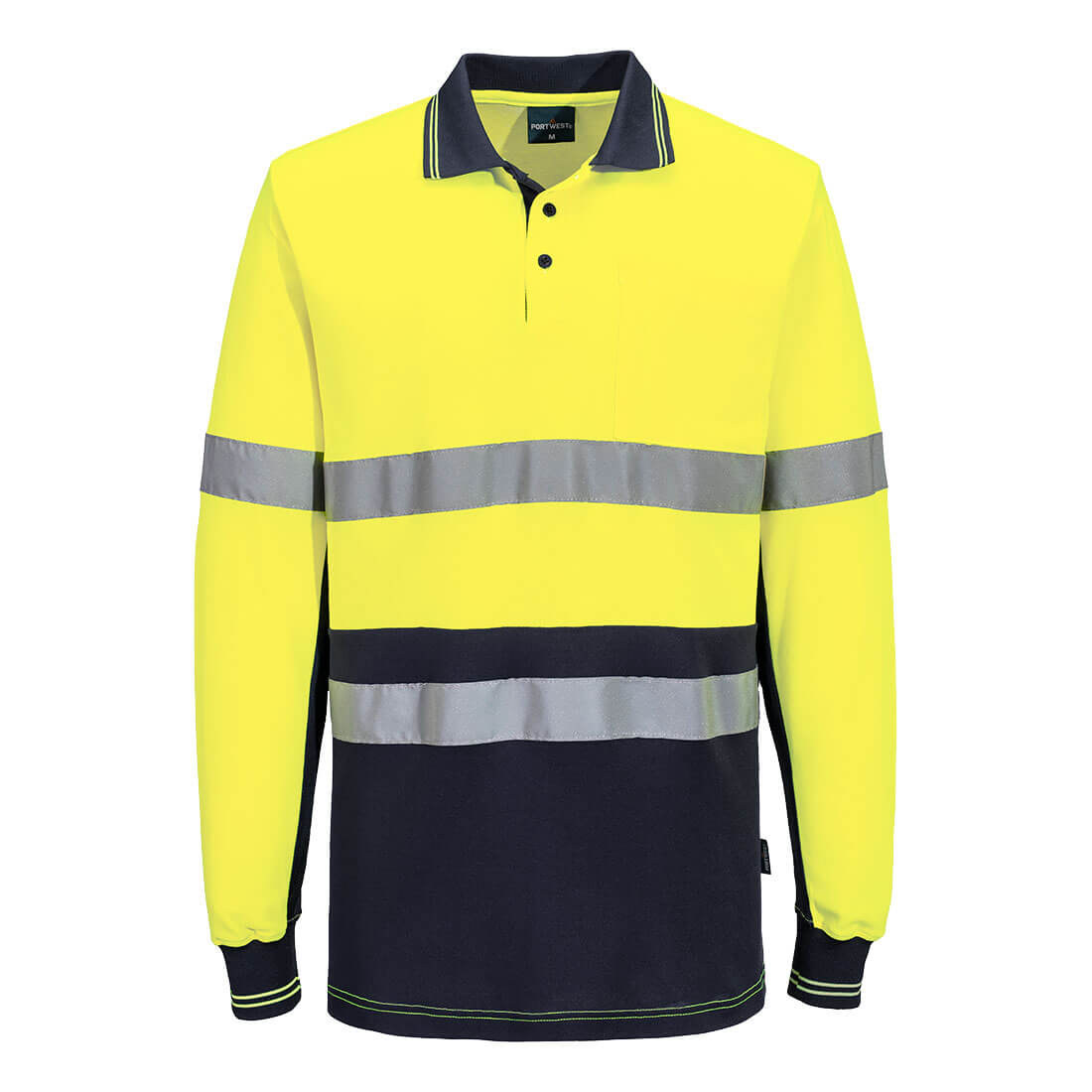 Portwest Hi-Vis Class D/N Cotton Comfort  Contrast Polo Shirt L/S in Yellow/Navy