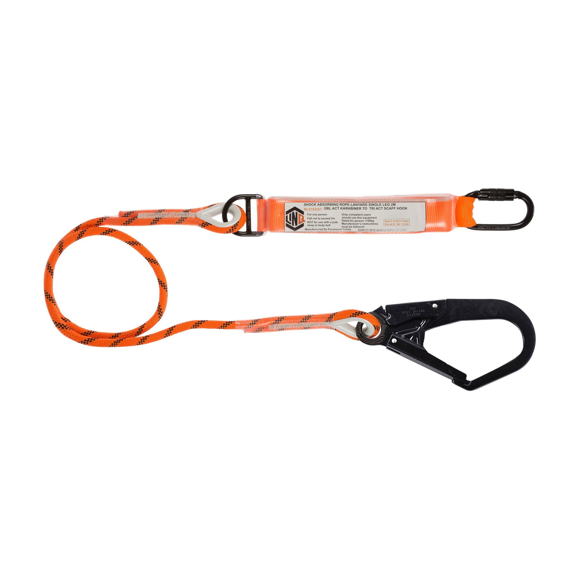LINQ Height Safety Single Leg Kernmantle 2M Shock Absorb Rope Lanyard With Hardware KD & SD