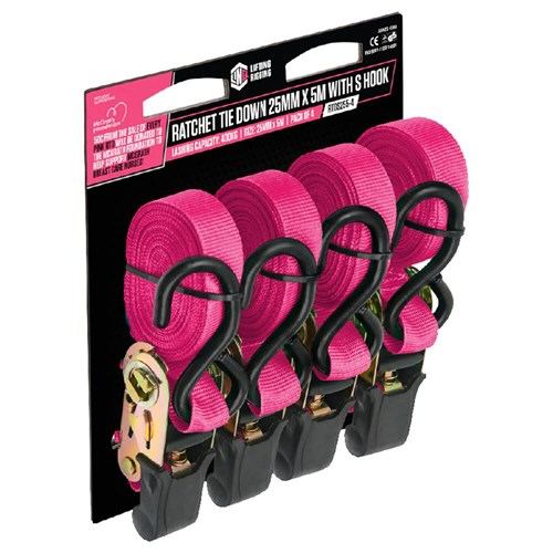 LINQ Height Safety Pink Ratchet Tie down 25Mm X 5M With S Hook - 4 Pack
