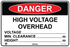 Danger High Voltage Overhead, Voltage/Min Clearance/Height Sign - Safety Sign