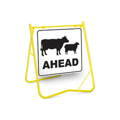 Stock Ahead (Sheep & Cattle Picto+Ahead Text), , CL1 White Refl, Swing Stand & Sign - Safety Sign