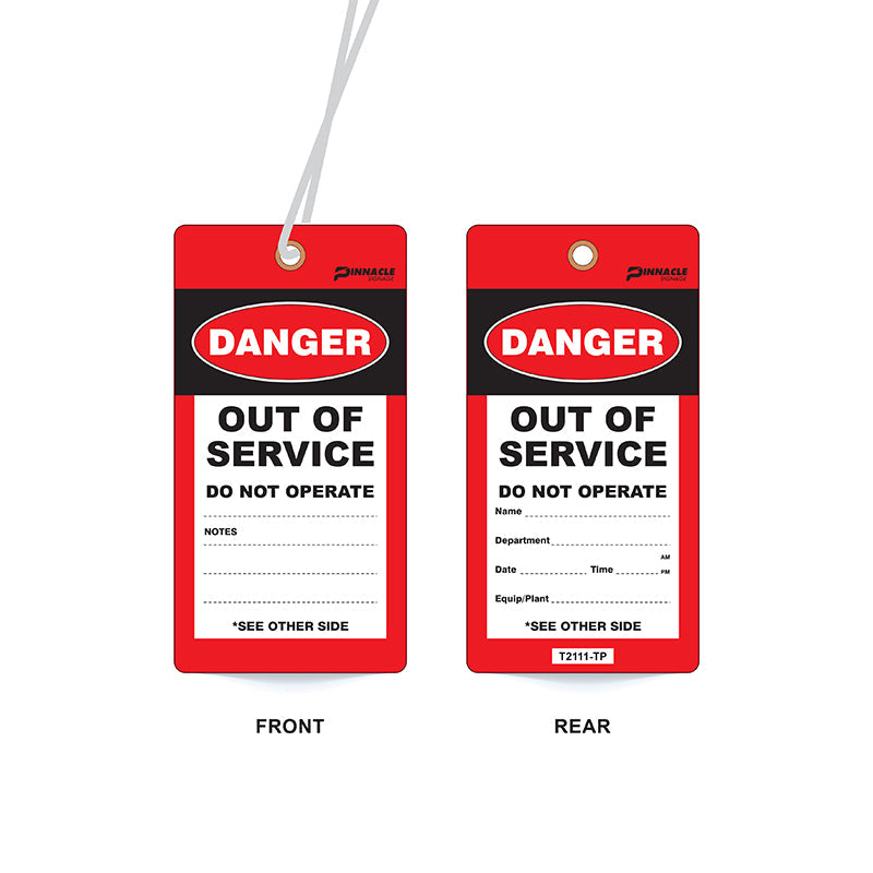 Danger Out Of Service Do Not Operate Tag, Water & Tear Proof, Eyelet & String, Pack/100 Sign