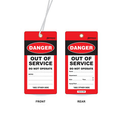Danger Out Of Service Do Not Operate Tag, Water & Tear Proof, Eyelet & String, Pack/100 Sign - Safety Sign