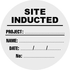 Site Inducted (Project, Name, Date, No), Black/White, Round Hardhat Stickers, Pack/12 Sign - Safety Sign