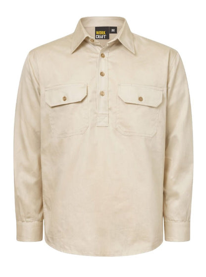 Workcraft WS3029 Mens Lightweight Long Sleeve Closed Front Cotton Drill Shirt in Cream