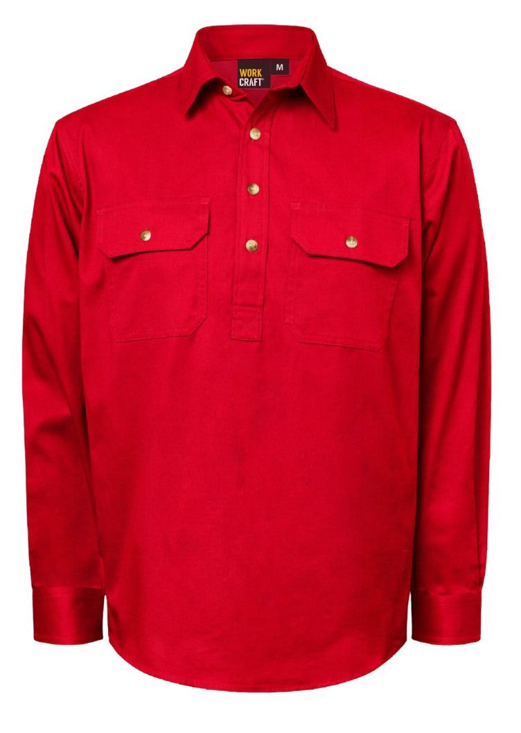 Workcraft WS3029 Mens Lightweight Long Sleeve Closed Front Cotton Drill Shirt in Crimson Red