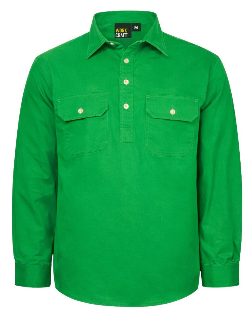 Workcraft WS3029 Mens Lightweight Long Sleeve Closed Front Cotton Drill Shirt in Electric Green