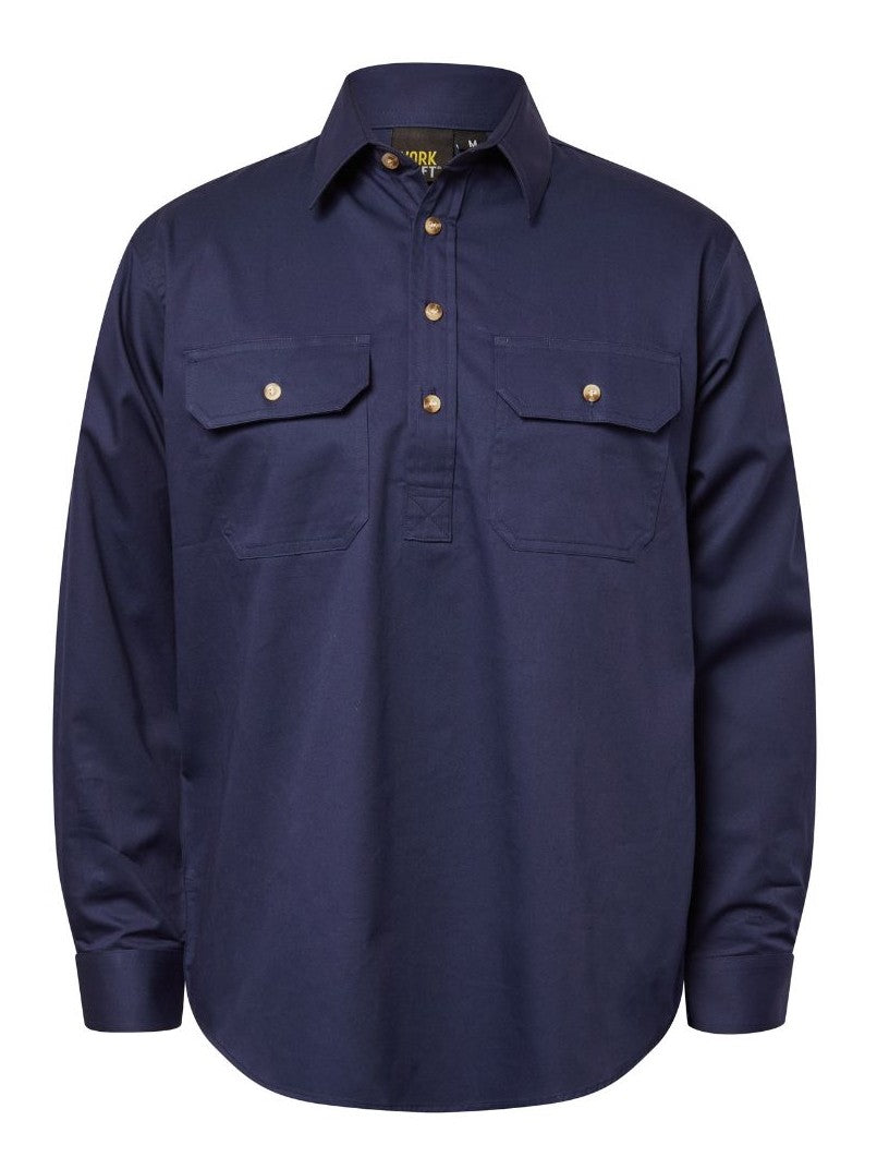 Workcraft WS3029 Mens Lightweight Long Sleeve Closed Front Cotton Drill Shirt in Navy