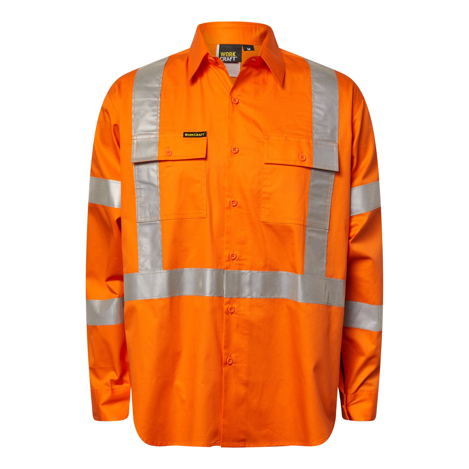 Workcraft WS6010 Mens Lightweight Hi Vis Long Sleeve Vented Cotton Drill Reflective Shirt With X Pattern – NSW Rail Compliant in Safety Orange