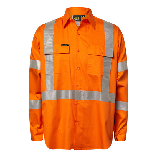 Workcraft WS6010 Mens Lightweight Hi Vis Long Sleeve Vented Cotton Drill Reflective Shirt With X Pattern – NSW Rail Compliant in Safety Orange
