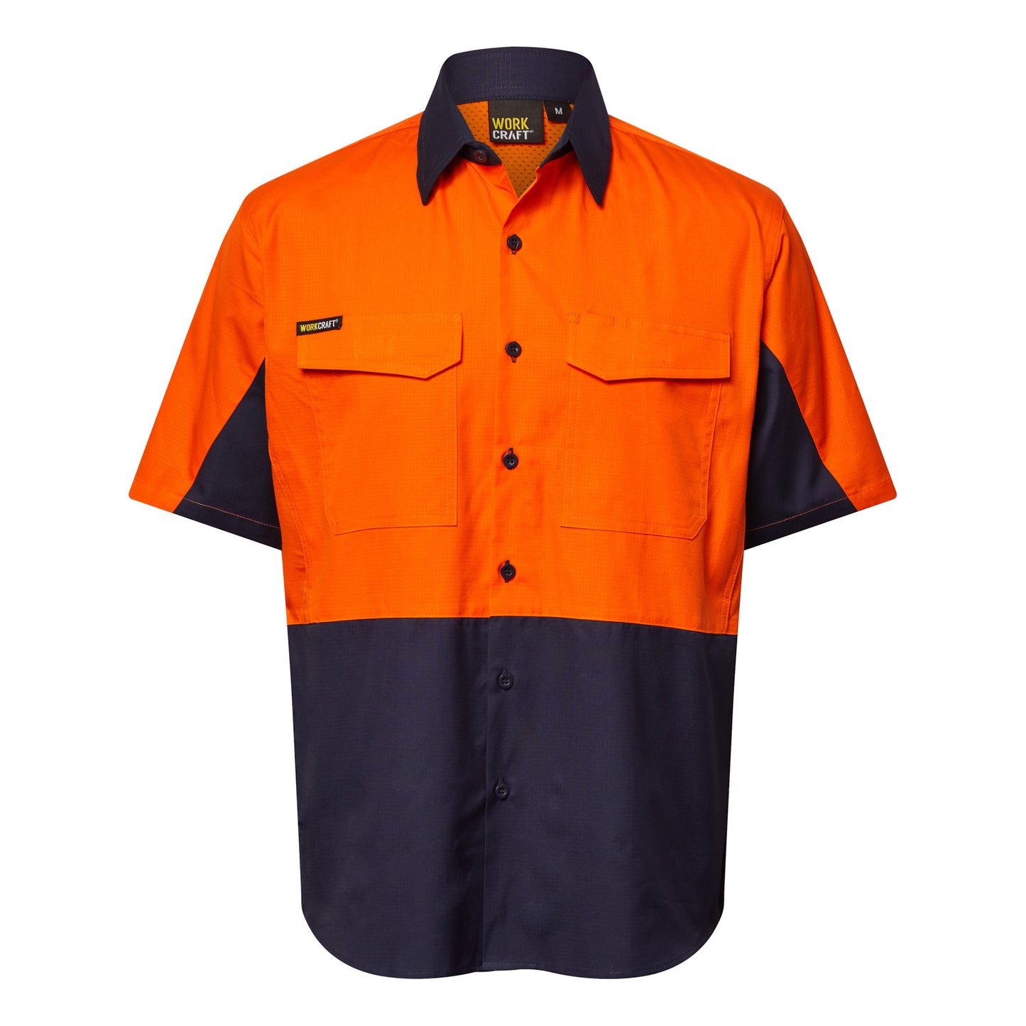 Workcraft WS6067 Mens Hi Vis Short Sleeve Vented Ripstop Shirt in Yellow/Navy, Orange/Navy
