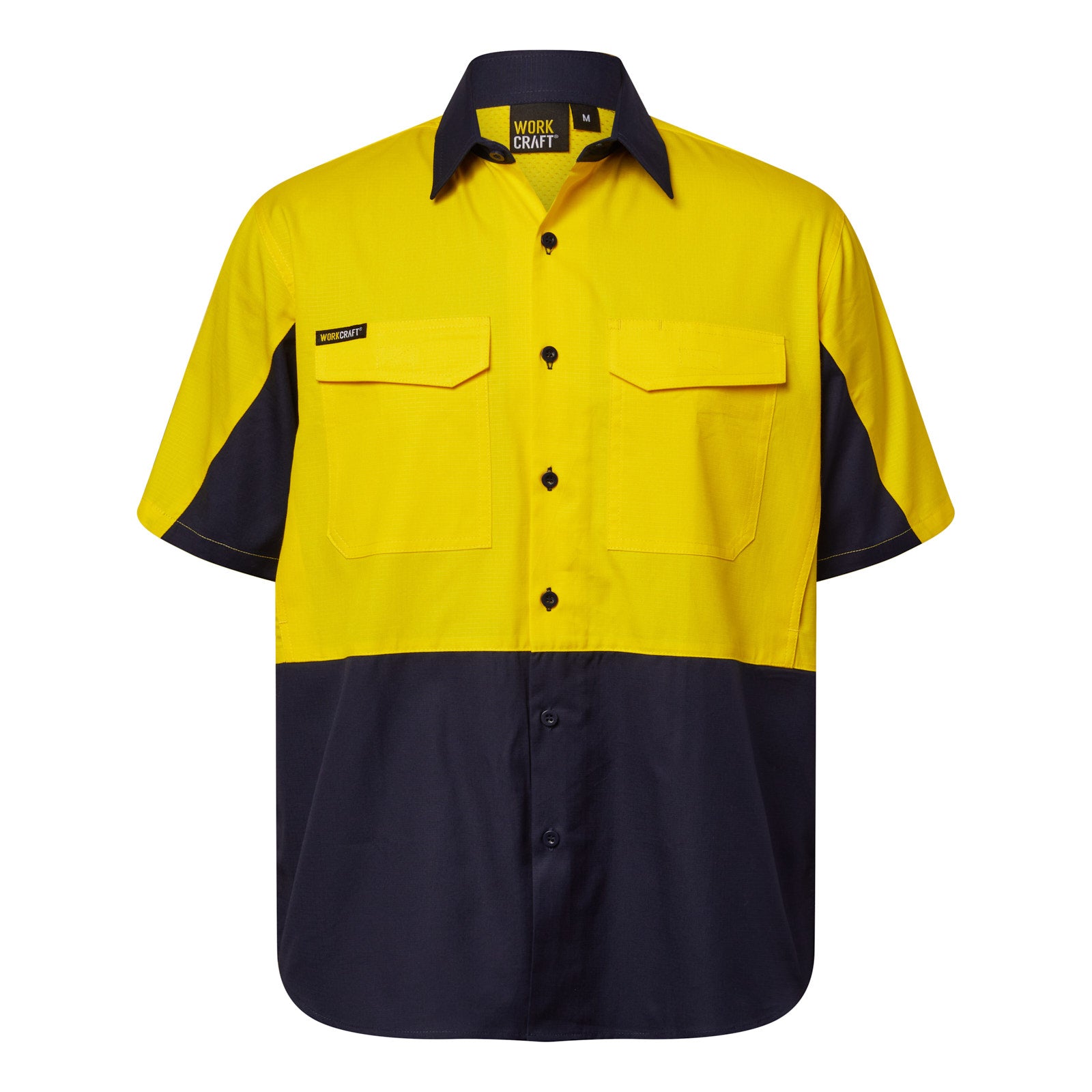 Workcraft WS6067 Mens Hi Vis Short Sleeve Vented Ripstop Shirt in Yellow/Navy