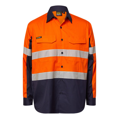 Workcraft WS6068 Mens Hi Vis Long Sleeve Vented Reflective Ripstop Shirt in Orange/Navy