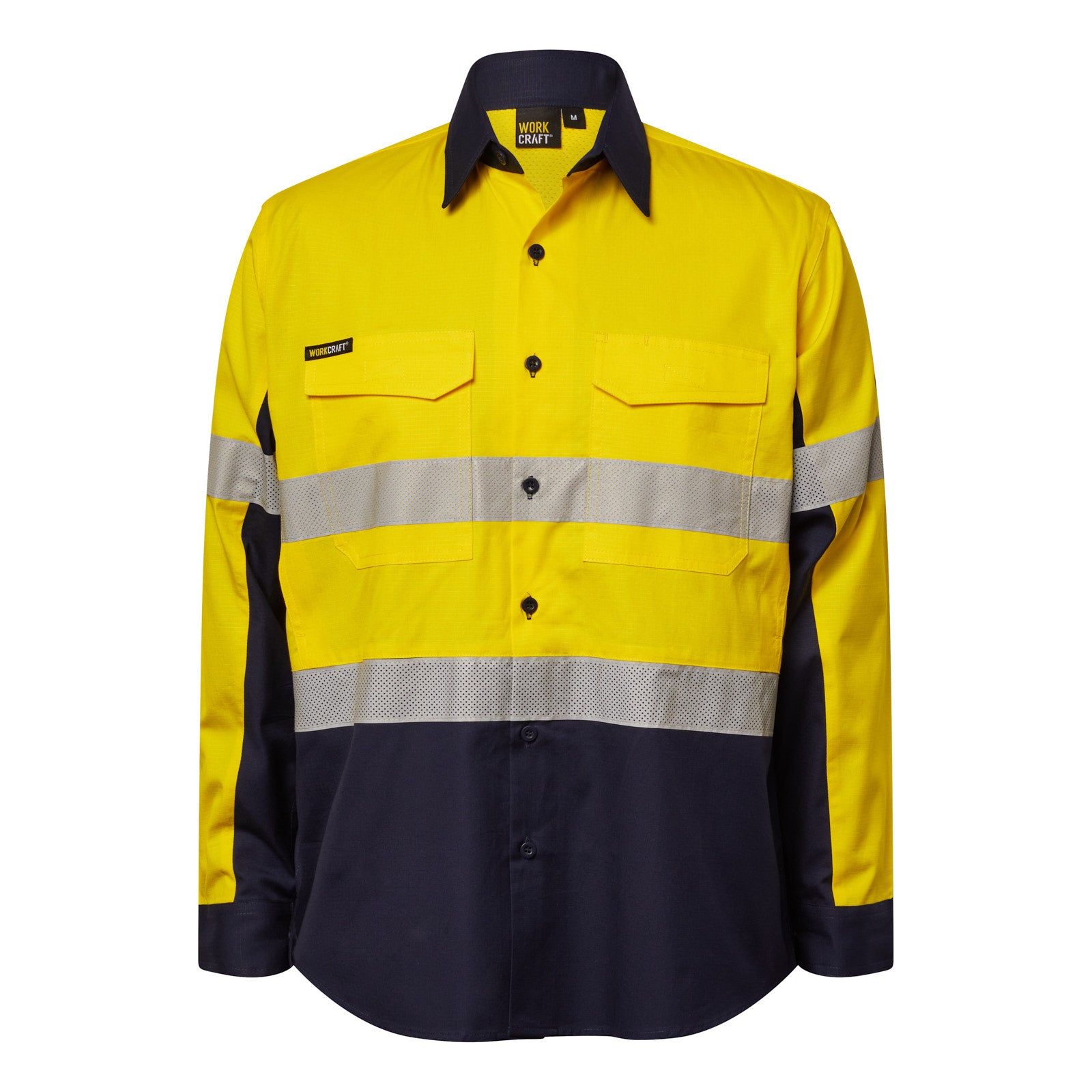 Workcraft WS6068 Mens Hi Vis Long Sleeve Vented Reflective Ripstop Shirt in Yellow/Navy