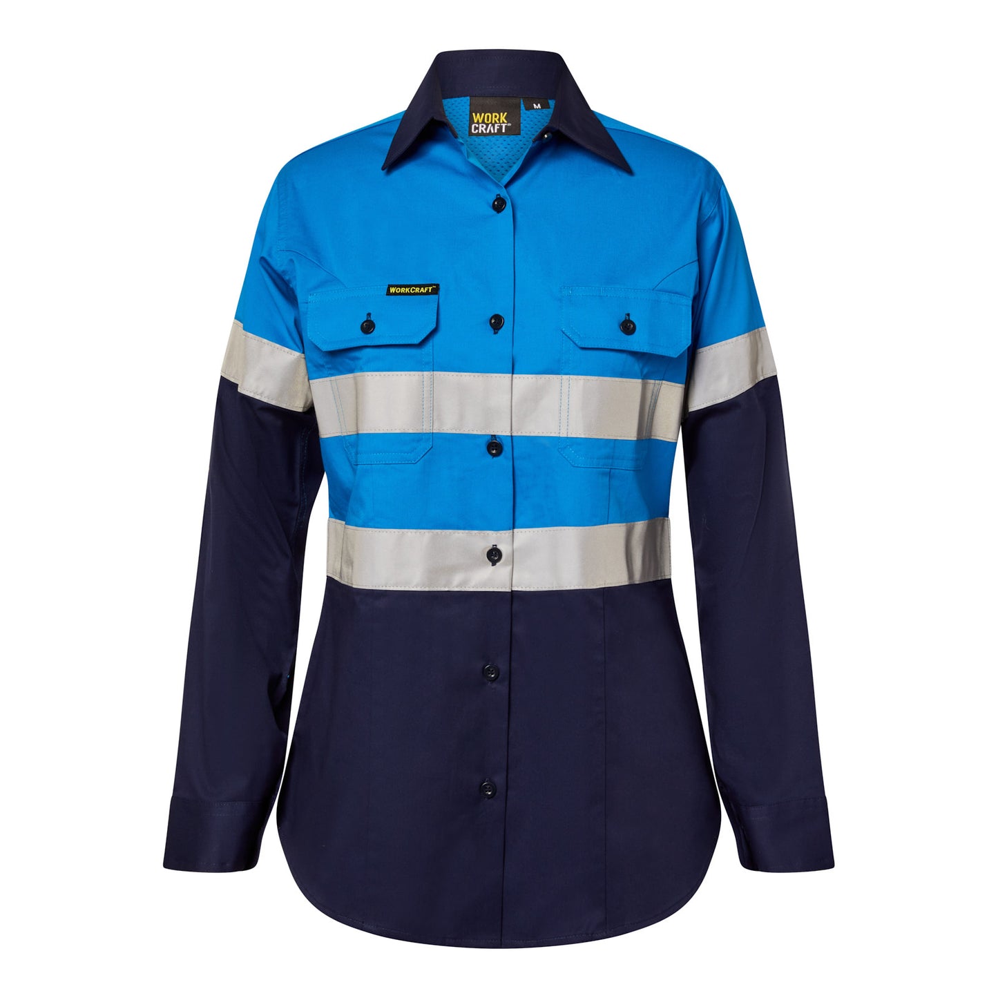 Workcraft WSL503 Ladies Lightweight Hi Vis Long Sleeve Vented Reflective Cotton Drill Shirt – Night Use Only in Electric Blue/Navy