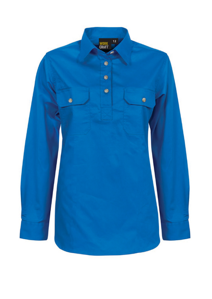 Workcraft WSL505 Ladies Lightweight Long Sleeve Closed Front Cotton Drill Shirt in Cobalt Blue