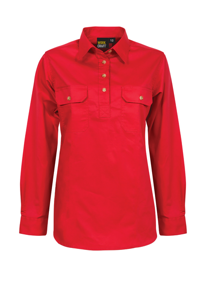 Workcraft WSL505 Ladies Lightweight Long Sleeve Closed Front Cotton Drill Shirt in Crimson Red
