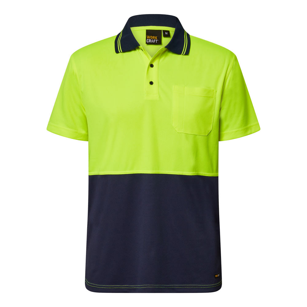 Workcraft WSP208 Hi Vis Lightweight Short Sleeve Micromesh Polo With Pocket in Yellow/Navy