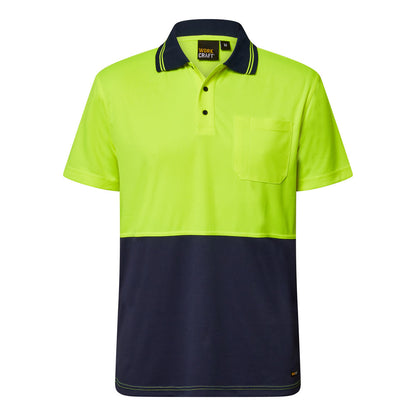 Workcraft WSP208 Hi Vis Lightweight Short Sleeve Micromesh Polo With Pocket in Yellow/Navy