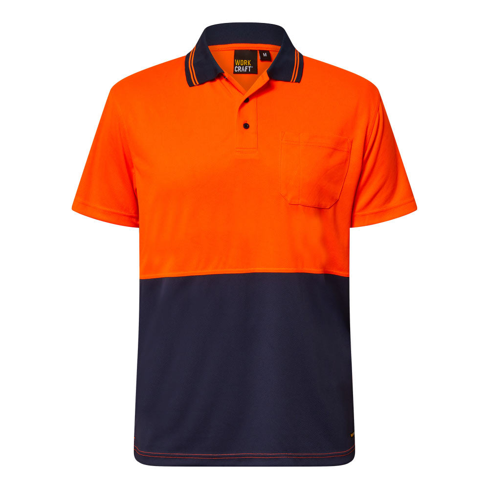 Workcraft WSP208 Hi Vis Lightweight Short Sleeve Micromesh Polo With Pocket in Orange/Navy