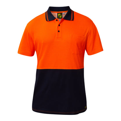 Workcraft WSP401 Hi Vis Short Sleeve Cotton Back Polo With Pocket in Orange/Navy