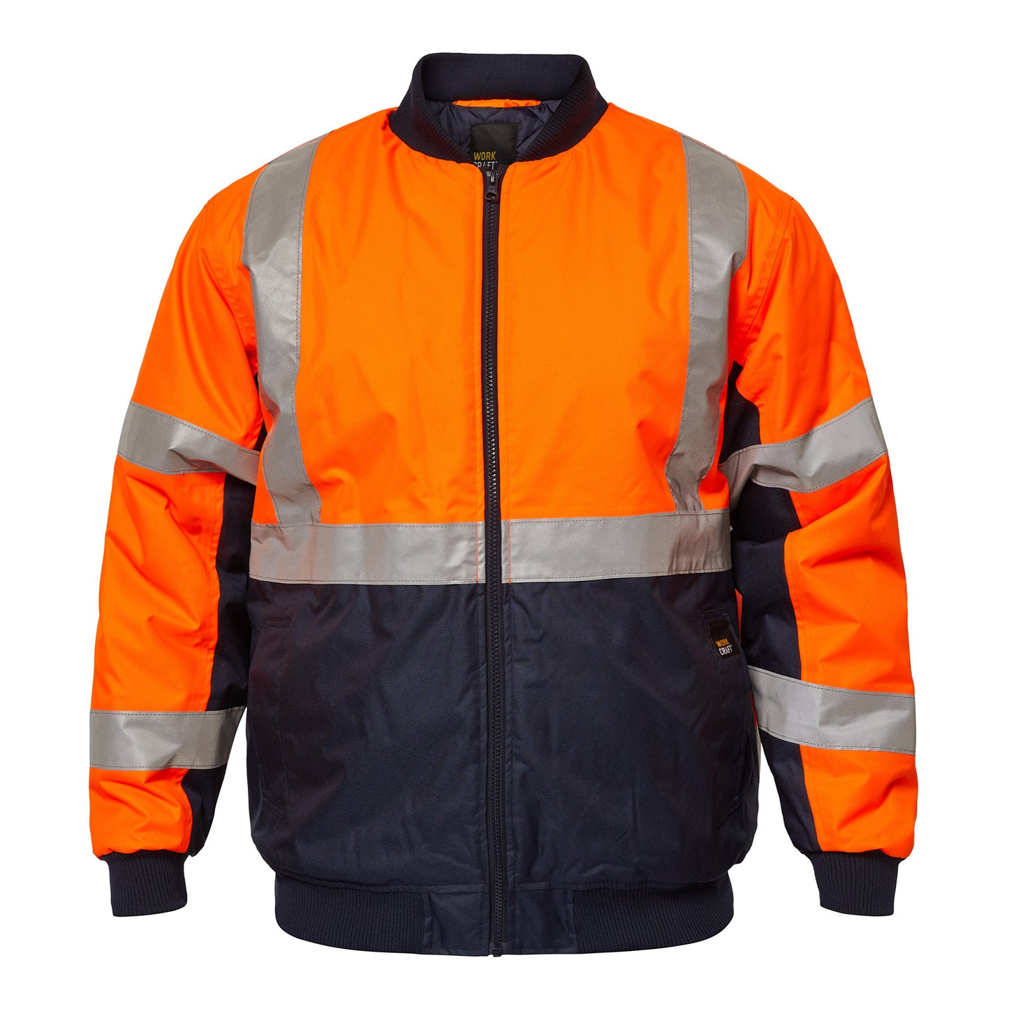 Workcraft WW9010 Hi Vis Reflective Bomber Jacket With X Pattern in Orange/Navy