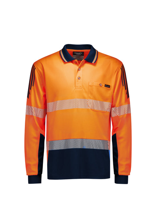 Syzmik Men's Hi Vis Flux Segmented Tape Long Sleeve Polo - Orange/Navy
