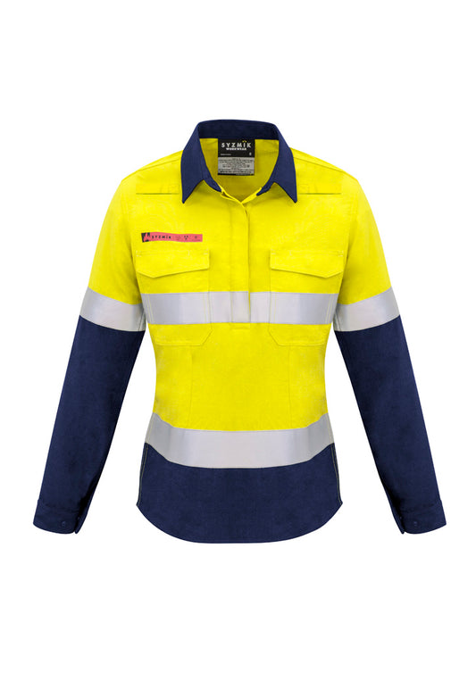 Syzmik Women's FR Closed Front Hooped Taped Spliced Shirt - Yellow/Navy