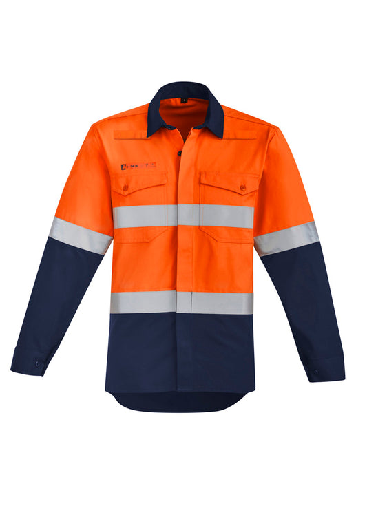 Syzmik Men's Orange Flame Hi Vis Open Front Spliced Shirt - Hoop Taped - Orange/Navy