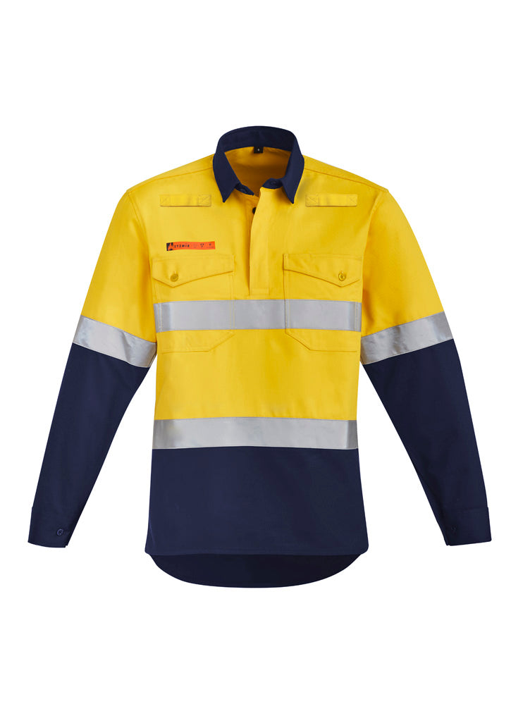 Syzmik Men's Orange Flame Hi Vis Closed Front Shirt - Hoop Taped - Yellow/Navy