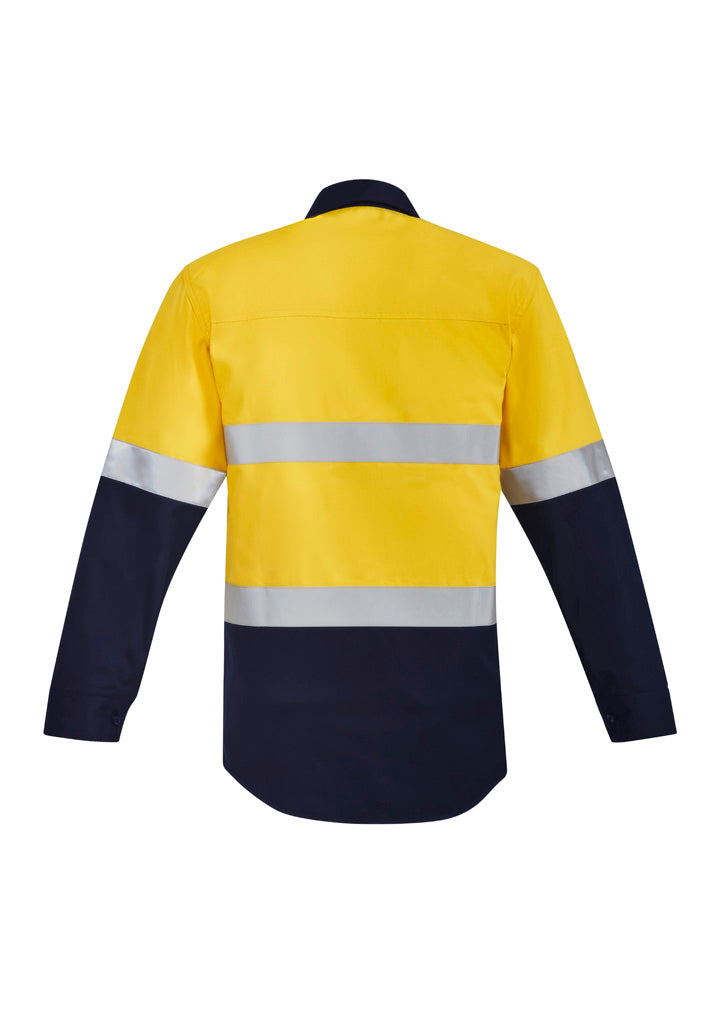 Syzmik Men's Orange Flame Hi Vis Closed Front Shirt - Hoop Taped - Yellow/Navy