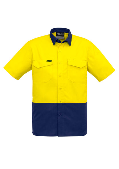Syzmik Men's Rugged Cooling Hi Vis Short Sleeve Shirt - Yellow/Navy