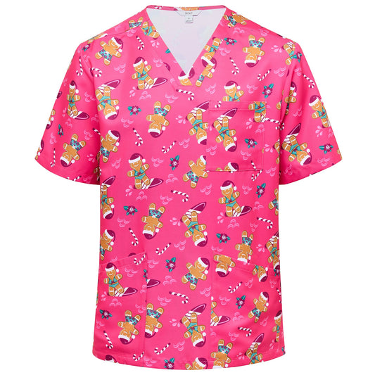 NNT CATRST Xmas Gingerbread Surfer Print Scrub Top