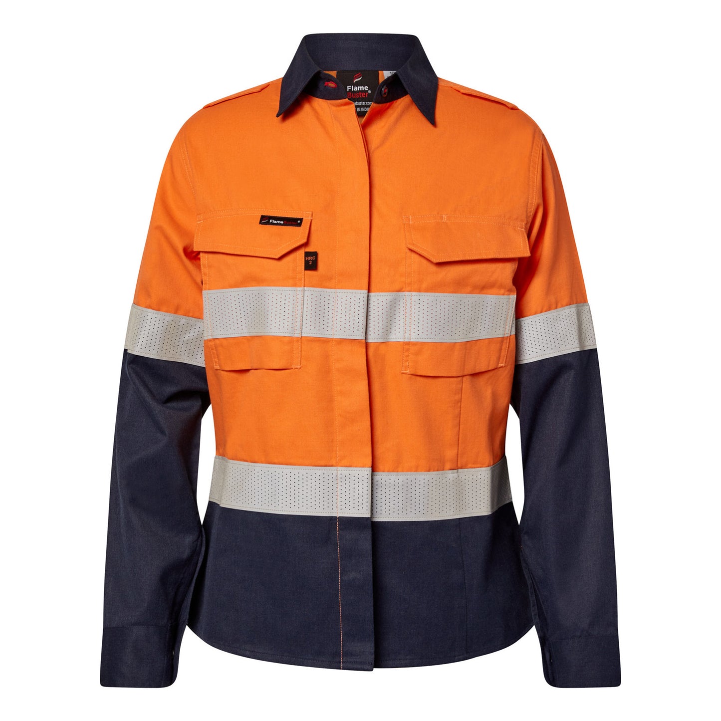 Flamebuster FSL016A Ladies HRC2 Inherent Hi Vis Reflective Shirt With Gusset Sleeves in Orange/Navy