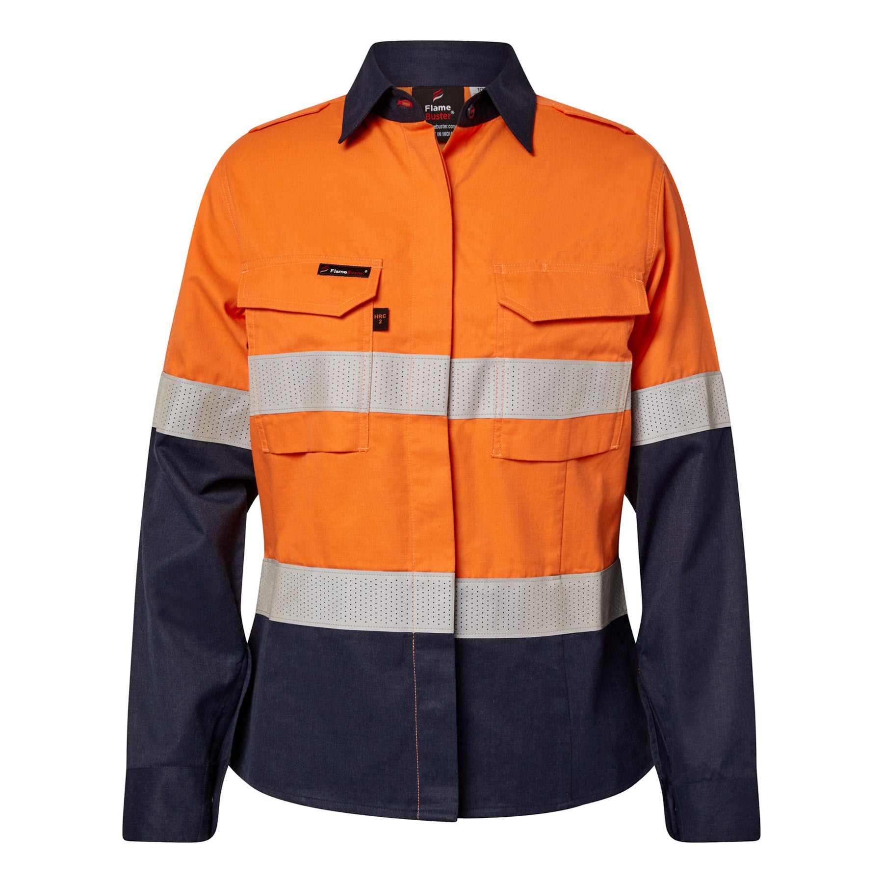 Flamebuster FSL016A Ladies HRC2 Inherent Hi Vis Reflective Shirt With Gusset Sleeves in Orange/Navy