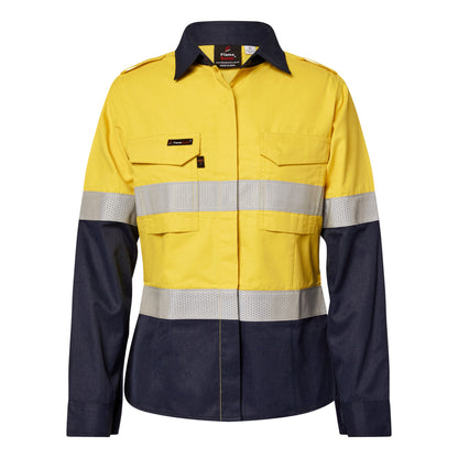 Flamebuster FSL016A Ladies HRC2 Inherent Hi Vis Reflective Shirt With Gusset Sleeves in Yellow/Navy