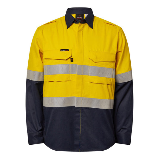 Flamebuster FSV014A Mens HRC2 Inherent Hi Vis Reflective Shirt With Gusset Sleeves in Yellow/Navy