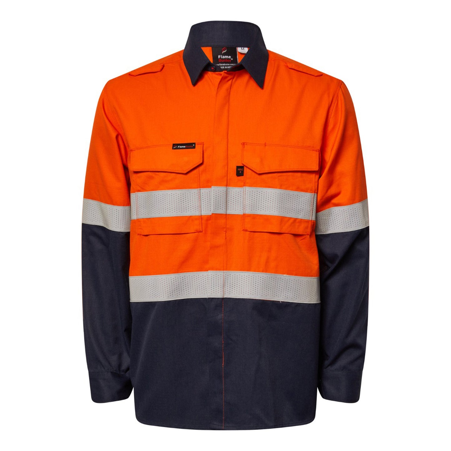 Flamebuster FSV014A Mens HRC2 Inherent Hi Vis Reflective Shirt With Gusset Sleeves in Orange/Navy