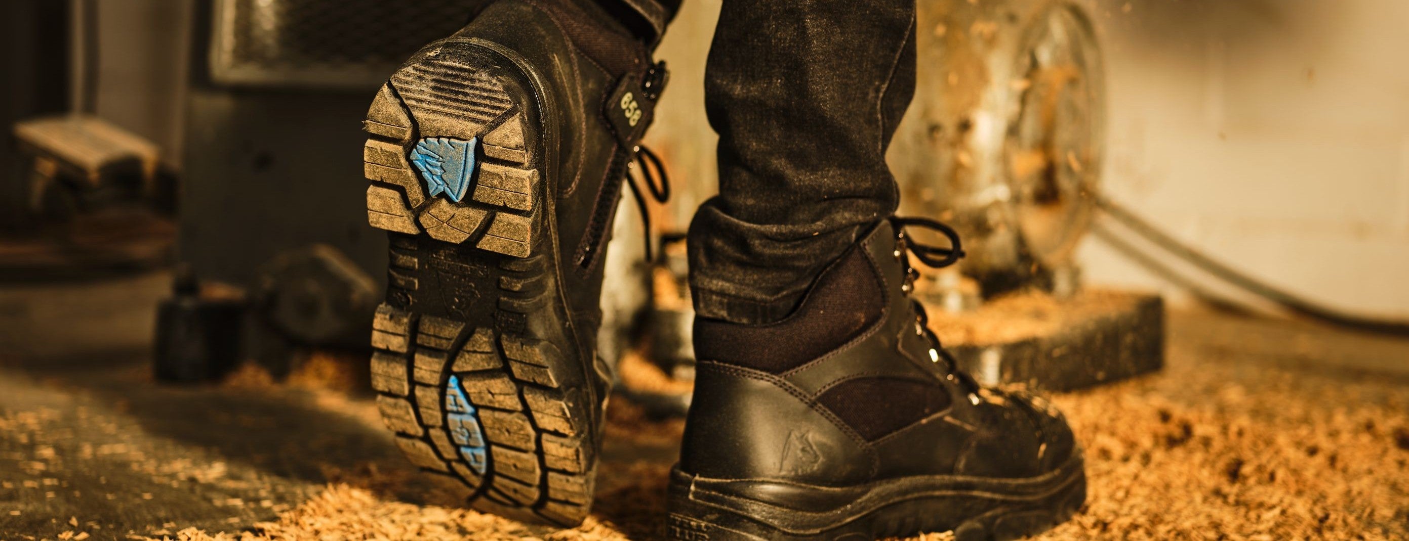 Steel Blue Argyle safety boot, close-up sole detail, workshop background